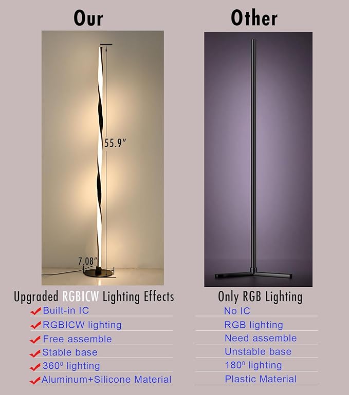 Smart RGBWIC Floor Lamp, LED Corner Lamp compatible with Alexa, Modern Black Floor Lamp with Music Sync and 16 Million DIY Colors, Dimmable Color Changing Standing Lamp for Bedroom Living Game Rooms