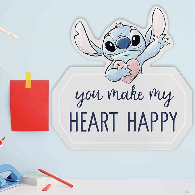 Open Road Brands Disney Lilo and Stitch You Make My Heart Happy Wood Wall Decor - Cute Stitch Sign for Kids' Bedroom or Play Room