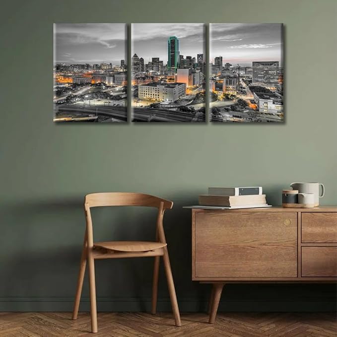 TUMOVO Dallas Texas USA Downtown Skyline Modern Home Decor 3 Panels Skyscrapers Nighttime Lightscape Pictures Canvas Wall Art for Bedroom, Living Room, Office. Ready to Hang (36" Wx16 H)