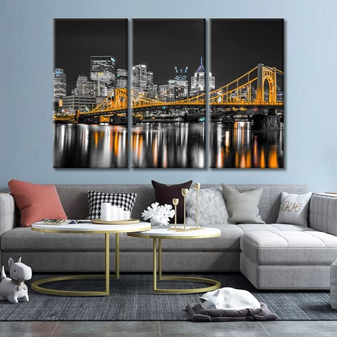 TUMOVO Pittsburgh Pennsylvania Cityscape Home Decor Art Prints Ninth Street Bridge Allegheny River Pictures Bathroom Decor Wall Art 3 Panel Artwork Framed Ready to Hang (60" Wx40 H)