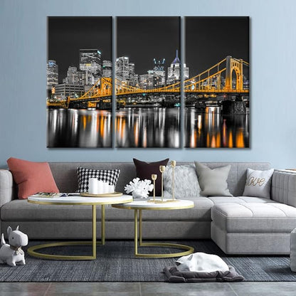 TUMOVO Pittsburgh Pennsylvania Cityscape Home Decor Art Prints Ninth Street Bridge Allegheny River Pictures Bathroom Decor Wall Art 3 Panel Artwork Framed Ready to Hang (60" Wx40 H)