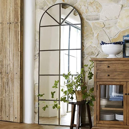 OGCAU Full Length Arched Floor Mirror, 65"x22" Window Pane Design, Decorative Hanging or Leaning, Full Body with Iron Frame for Bedroom Living Room (Black)