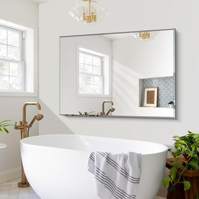 CILIBER Beveled Mirror, 50x36 Large Bathroom Mirrors for Over Sink, Lightweight Design Beveled Frameless Vanity Mirror Wall Mounted, Crystal-Clear 3mm Tempered Glass, Horizontally or Vertically