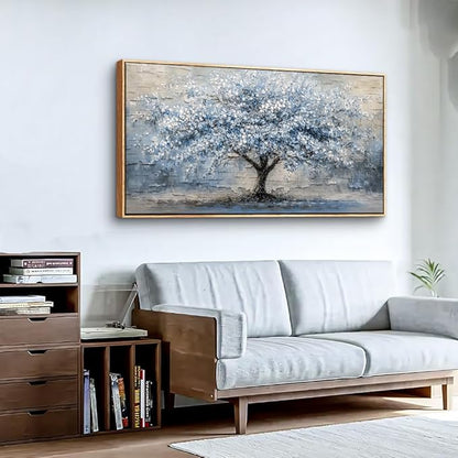 ZUITINGHUA Large Canvas Wall Art For Living Room Wood Framed Wall Decor For Office Modern Bedroom Decorations Grayish Blue Painting Tree Abstract Pictures Home Decor Posters Ready To Hang 24x48 In
