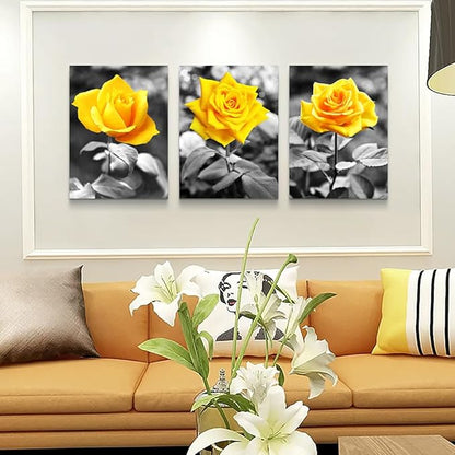 Lapremoly Black And White Wall Paintings Canvas Wall Art For Bedroom Wall Decor For Kitchen Living Room Office Decorations Yellow Rose Flowers Pictures Modern Room Home Walls Artwork Decor 3 Piece
