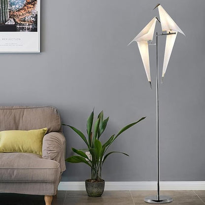 69" Modern Origami Crane Bird Floor Lamp, Sliver Metal Paper Crane LED Standing Light Origami Swing Bird PP Lampshade Lighting Fixtures for Bedroom Dinning Room