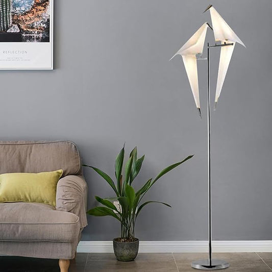 69" Modern Origami Crane Bird Floor Lamp, Sliver Metal Paper Crane LED Standing Light Origami Swing Bird PP Lampshade Lighting Fixtures for Bedroom Dinning Room
