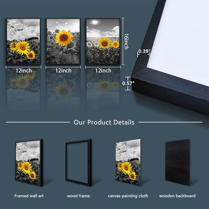 Black Framed Wall Art For Living Room Wall Decor For Bedroom Sunflower Flowers Wall Paintings Room Decor Black And White Pictures Artwork Kitchen Home Decoration Set of 3 Piece Framed Art Prints
