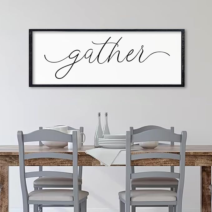 comurdyo Dining Room Gather Wall Art Decor Sign 32"×12" for Modern Home Minimalist Rustic Farmhouse Gathering Living Room Large Wall Plaque Horizontal Hanging (Black)