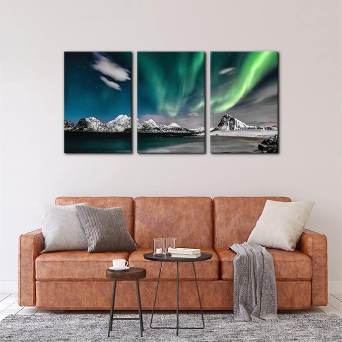 Pacimo Canvas Wall Art Aurora Scenery Painting on Canvas for Living Room Decoration Natural Landscape Canvas Paintings 3 Piece Bedroom Home Office Decor Stretched Framed Ready to Hang - 16"x24"x3 Panels