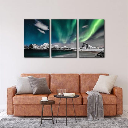 Pacimo Canvas Wall Art Aurora Scenery Painting on Canvas for Living Room Decoration Natural Landscape Canvas Paintings 3 Piece Bedroom Home Office Decor Stretched Framed Ready to Hang - 16"x24"x3 Panels