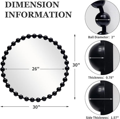Round Black Mirror 30'', Beaded Mirror for Wall, Spherical Frame Large Circle Mirror for Bathroom, Dining Roon, Bed Room, Entryway