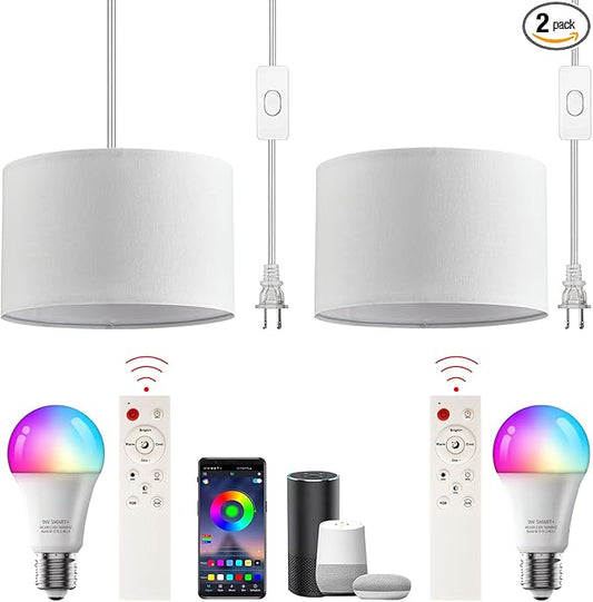 2pcs Plug in Pendant Light, Hanging Lamp with RGB Smart Bulb, Hanging Lights with Plug in Cord Hanging Lights for Bedroom Kitchen Dining Living Room Pendant Lights Fixture