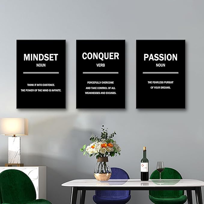Motivational Wall Art 3 Pieces Success Signs Inspirational Quotes Picture Painting Mindset Conquer Passion Posters Print for Home Living Room Office Artwork Stretched and Framed [60''W x 28''H]