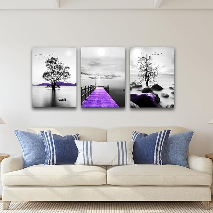Modern Black And White Canvas Wall Art - Large Size Decor For Living Room And Bedroom - Purple Scenery Artwork Prints - Dormitory Decor