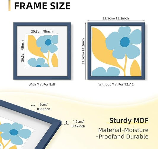 YESKAY 12x12 Picture Frame Set of 9, Photo Gallery Wall Frame Set, Display Pictures 8x8 with Mat or 12 x 12 Without Mat, Square Frame Picture Frames Collage Wall Decor, Blue