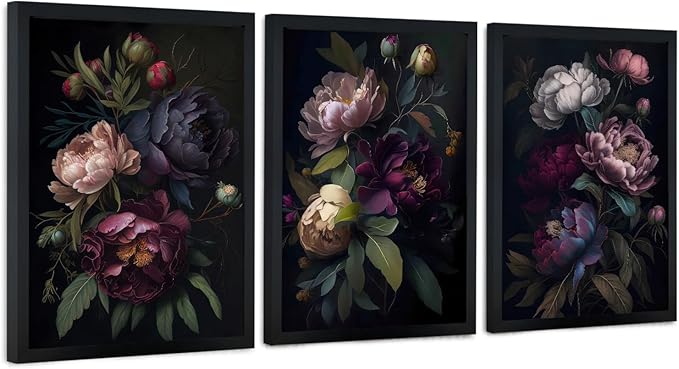 ICHZUMW Moody Peony Floral Canvas Wall Art Set of 3, Black Wood Framed Dark Academia Gothic Botanical Wall Decor, Ready to Hang Fade‑Resistant Flower Pictures for Bedroom Living Room Bathroom, 12×16in