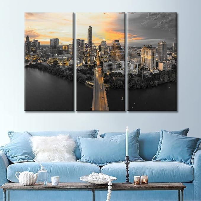 TUMOVO Austin Texas Skyline Wall Decor 3 Panels City Skyline Pictures Wall Decor for Bedroom Skyscrapers Sunset Natural Landscape Wall Decor Living Room Framed Ready to Hang (36" Wx24 H)