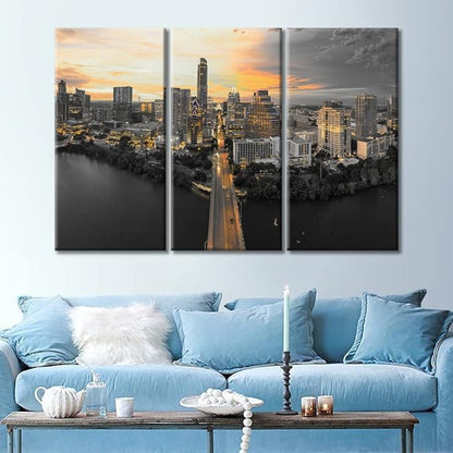 TUMOVO Austin Texas Skyline Wall Decor 3 Panels City Skyline Pictures Wall Decor for Bedroom Skyscrapers Sunset Natural Landscape Wall Decor Living Room Framed Ready to Hang (36" Wx24 H)