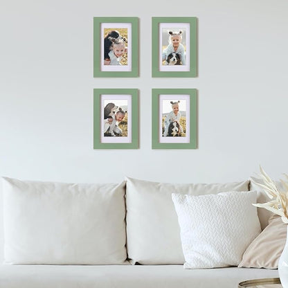 Egofine 4x6 Picture Frames 4PCS Covered by Plexiglass for Picture 3x4.5 and 3.5x5 with Mat or 4x6 whitout Mat Made of Solid Wood for Table Top Display and Wall Mounting Photo Frame, Green