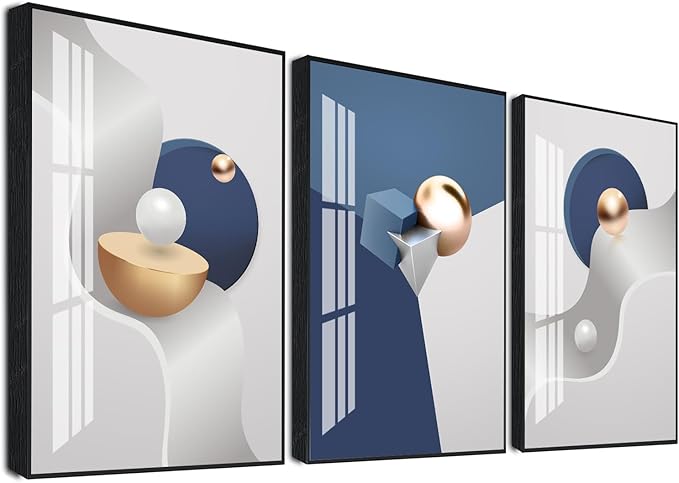 QKF Large Blue Geometry Abstract Wall Art Bright Canvas Decorative Painting Now Home, Bedroom, Living Room Painting Poster Printing Wall Decor 3-piece Set 20" X 28"