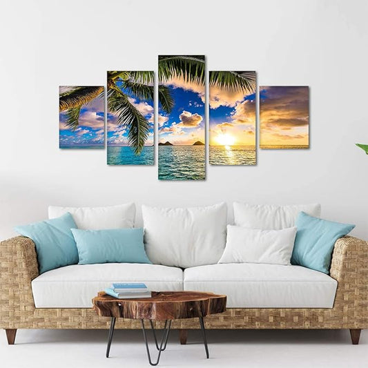 Beach Wall Art Modern Seascape Wall Pictures Sunrise Poster Ocean Artwork Ocean Pictures HD Print on Canvas Modern Home Office Decor for Living Room Bedroom Bathroom Wall Decoration Framed Ready to Hang - 60''W x 32''H