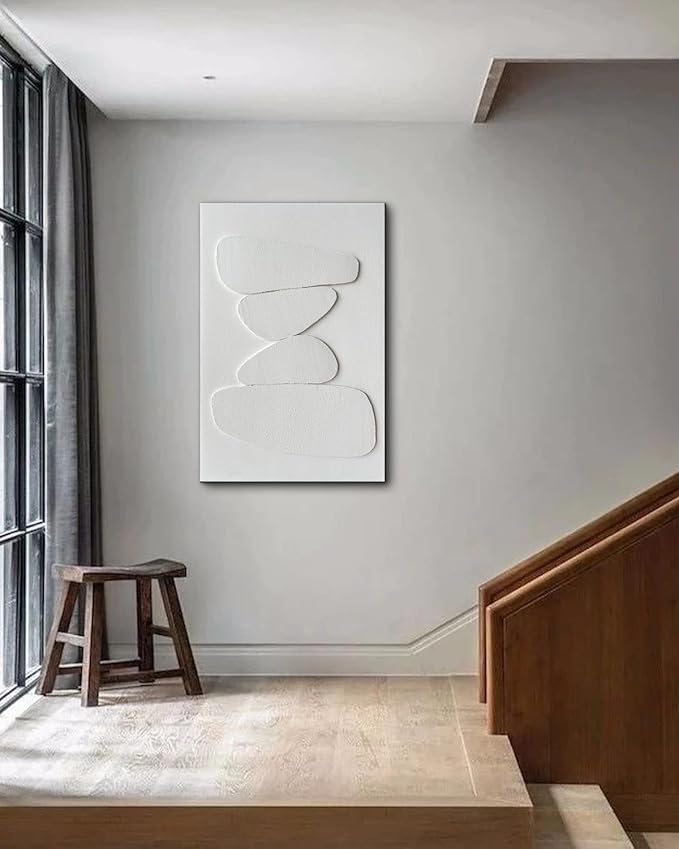 Creespi Hand-Painted White 3D Textured Wall Art 24x36 inches,Minimalist Abstract Canvas Art Painting for Home Wall Decoration