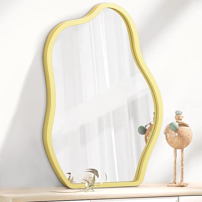 Asymmetrical Wooden Framed Wall Mirror Irregular Mirror for Wall Decor Modern Unique Shape Vanity Artistic Cloud Mirrors Decorative for Living Room Bedroom Bathroom Entryway Yellow