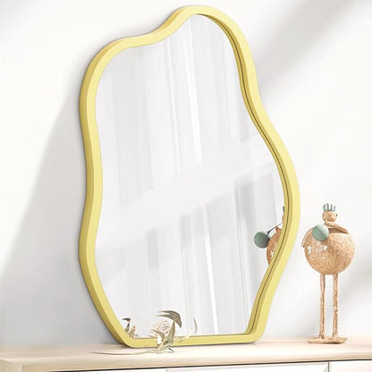 Asymmetrical Wooden Framed Wall Mirror Irregular Mirror for Wall Decor Modern Unique Shape Vanity Artistic Cloud Mirrors Decorative for Living Room Bedroom Bathroom Entryway Yellow