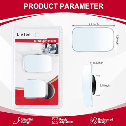 LivTee Blind Spot Mirror, Rectangle Shaped HD Glass Frameless Convex Rear View Mirror with wide angle Adjustable Stick for Cars SUV and Trucks, Pack of 2