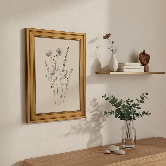Vintage Gold Framed Canvas Wall Art, Minimalist Floral Poster Artwork, Wildflower Print Picture, Flower Plant Painting Wall Decor, for Living Room, Bedroom, Farmhouse, Home Decoration, 16x24in