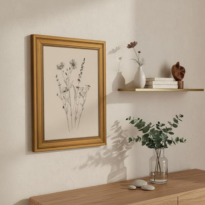 Vintage Gold Framed Canvas Wall Art, Minimalist Floral Poster Artwork, Wildflower Print Picture, Flower Plant Painting Wall Decor, for Living Room, Bedroom, Farmhouse, Home Decoration, 16x24in