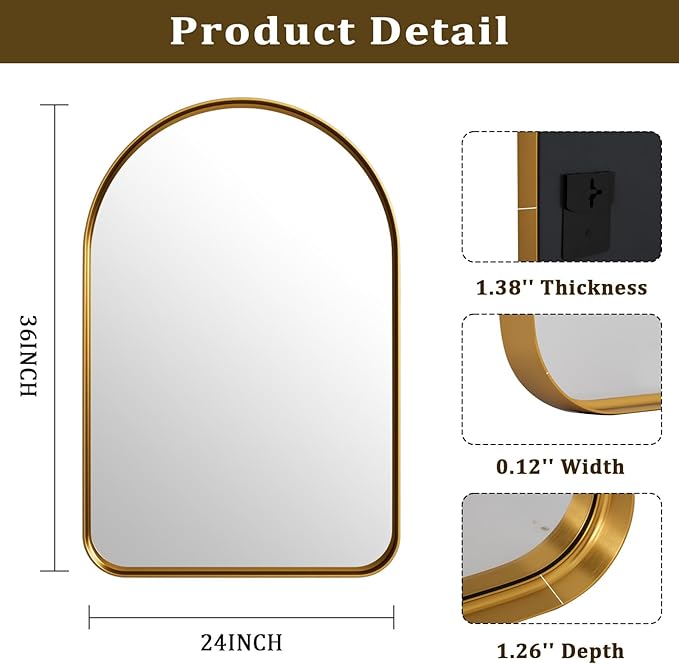 Arched Bathroom Mirror - 36x24 Inch Gold Bathroom Mirror for Wall - Aluminum Alloy Framed Mirror - Arched Top Bathroom Vanity Mirror for Living Room, Bedroom, Mantel, Entryway, and Hallways