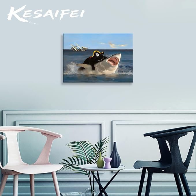 Funny Cat Biting Shark Posters, Interesting Animal Shark Wall Art, Quirky Pirate Black Cat Pictures, Whimsical Animal Paintings Wall Art, Art Prints for Bathroom Living Room Bedroom Washroom 12x16 Inches. Unframed