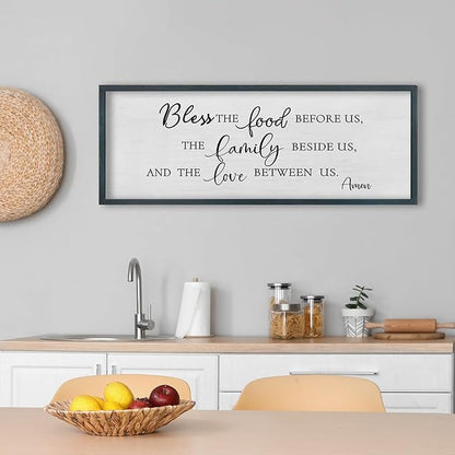 FZMHASLWW Dining Room Wall Decor Christian Blessing Bless the Food Family Love Bible Verse Sign 32"×12" Farmhouse Scripture Prayer for Religious Kitchen Rustic Framed Wall Hanging Art (Black)