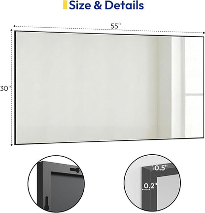 30" x 55" Matte Black Wall Mirror for Bathroom, 55" x 30" Full Length Body Mirror, Metal Framed Vertical/Horizontal Decor for Bedroom & Vanity
