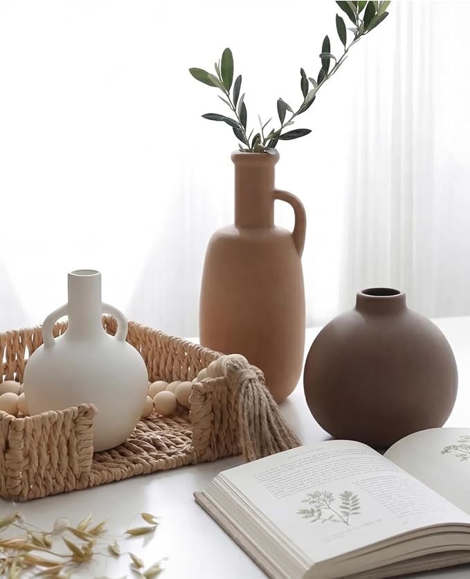 Ceramic Vase Set of 3 - Home Decor Farmhouse Rustic Decor, Decorative Flower Vases with Handles for Shelf, Dining Table,Living Room, Kitchen Shelf,Coffee Table,Modern Vase Decor -Multicolor