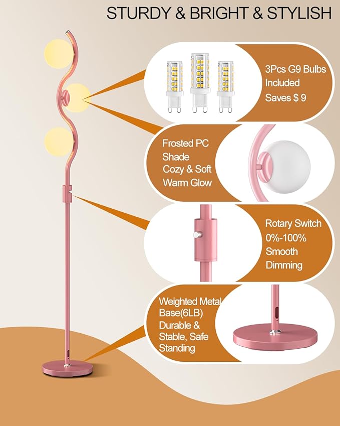 Lightdot 60IN Dimmable Pink Floor Lamp Mid Century Standing Lamps with 3Pcs 3000K Warm White Bulbs Included Dimmable Globe Modern Tall Lamp with 5Lbs Heavy Base for Bedroom/Sofa Beside/Corner Decor