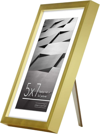 Americanflat 5x7 Picture Frame with Shatter-Resistant Glass - Use as 4x6 Frame with Mat or Display 5x7 Photo Without Mat - Streamline Collection - Picture Frames for Tabletop and Wall - Gold