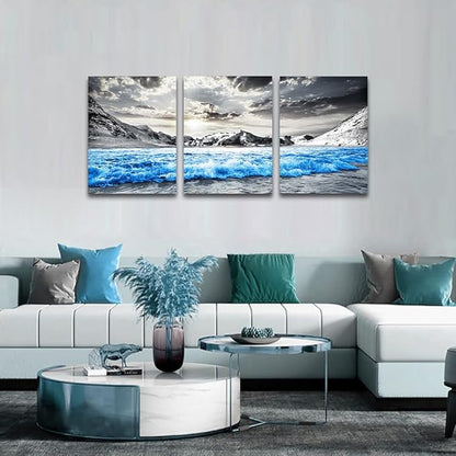 TTHYUEWS Large Canvas Art For Living Room, Bedroom & Office - Black And White Beach Wall Paintings - Blue Sea Wave Pictures - Stretched and Framed 3 Piece