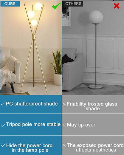 3 Globe Dimmable Tripod Floor Lamp, Mid Century Standing Lamps with 3Pcs 3000K Bulbs Included, Modern Tall Lamp for Living Room Bedroom Office-Gold