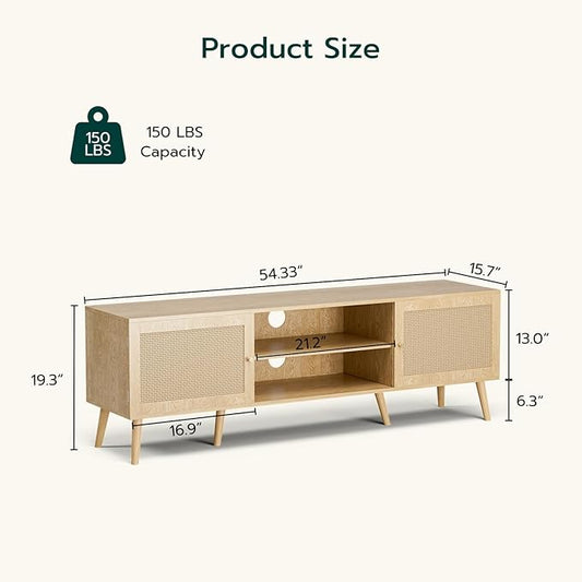 ZttRiee TV Stand for TVs up to 65'', Entertainment Center With Rattan Door, Shelves & 2 Cabinets, Long Boho Media Console for Living Room, Natural