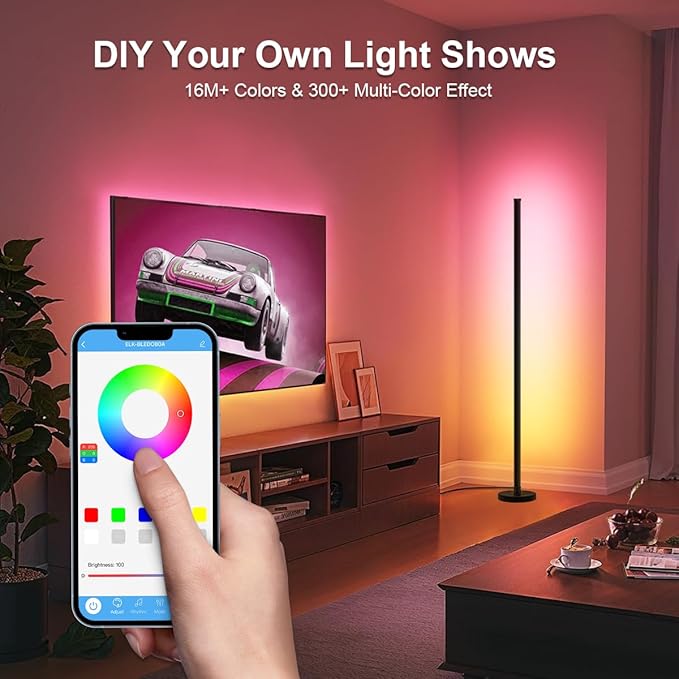 LED Floor Lamp, 63-Inch RGB Corner Light with Music Sync, Smart App Control, 16 Million Colors, Remote Control for Living Room, Bedroom, Gaming Room