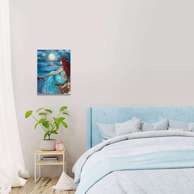 SDYA Girl Wall Decorations Blue Ocean Wall Art Bedroom Decor for Women Moon Night Wall Painting Shell Canvas Prints Size 12"x 16"