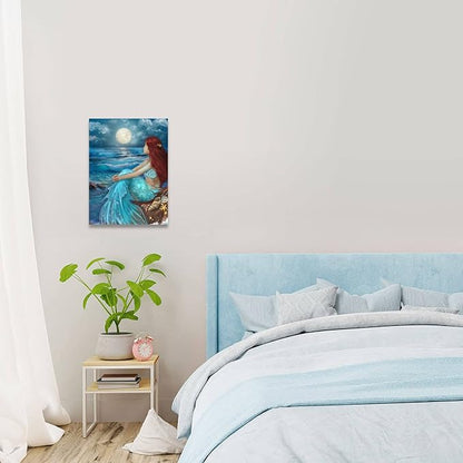 SDYA Girl Wall Decorations Blue Ocean Wall Art Bedroom Decor for Women Moon Night Wall Painting Shell Canvas Prints Size 12"x 16"