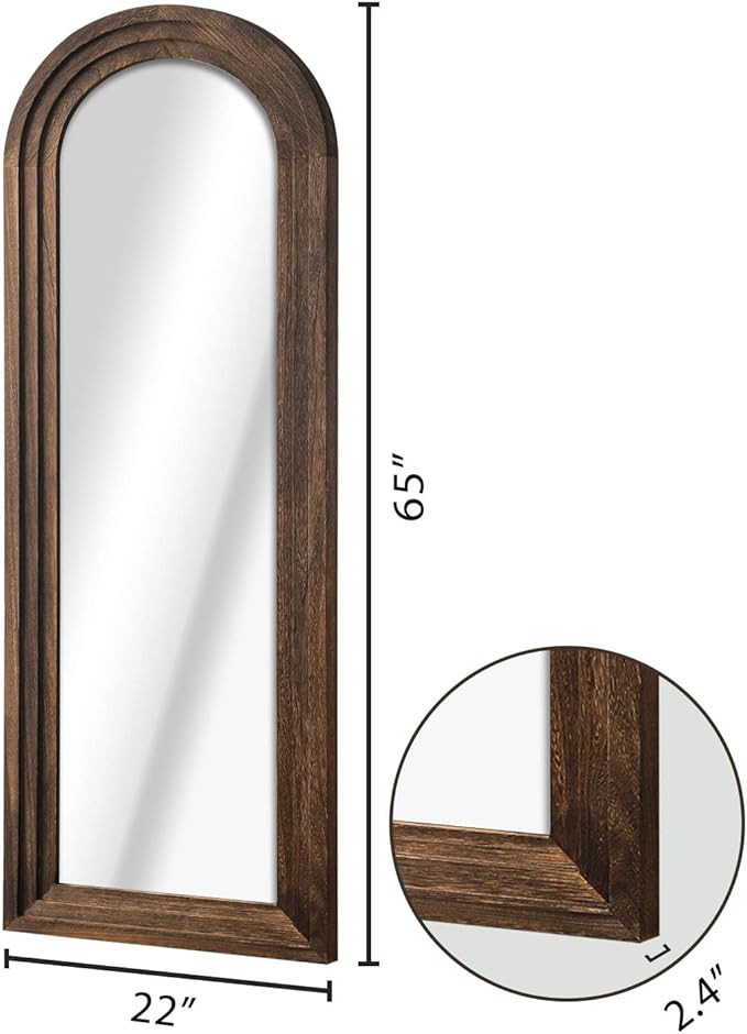 NeuType Arched Full Length Mirror, 65x22in Rustic Wood Frame Full Body Dressing Mirror, Wall-Mounted or Leaning Against Wall Standing Mirror, Farmhouse Decor for Bedroom Living Room, Charcoal Grilled