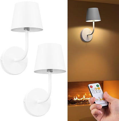 IMQSQIK LED Wireless Wall Lamp Set of 2, with 5600mAh Rechargeable Battery Powered Wall Sconces, Touch for Remote Control Infinite Dimming Be Used for Bedroom Mirror Living Room Wall Painting (White)