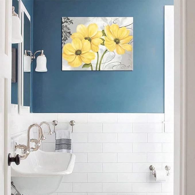 Yellow Flowers Wall Art Abstract Print Canvas Home Decor Pictures Poster for Bathroom Bedroom Living Room Office Large Painting Photo Framed Ready to Hang(12''H x 18''W)