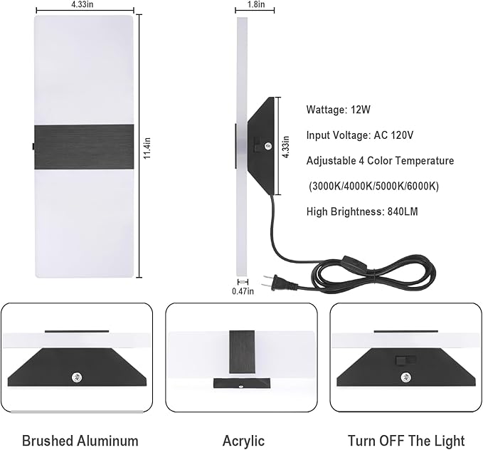 TRLIFE Modern LED Wall Sconces, Adjustable 4 Color Temperature 12W Wall Sconce Plug in, Acrylic Wall Mounted Light Set of 2 Wall Lights with 6FT Plug in Cord for Bedroom Stairway(2 Pack, Black)