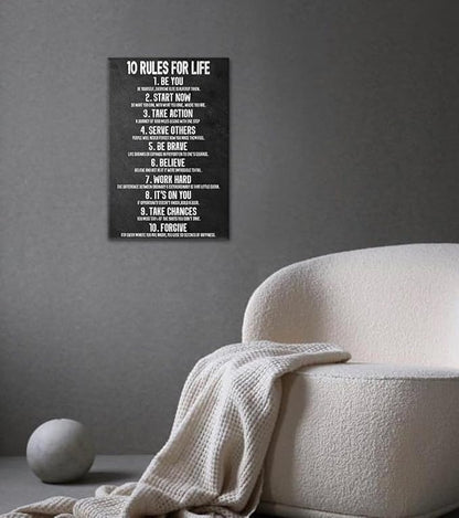 Yatsen Bridge 10 Rules for Life Motivational Wall Art - Black and White Inspirational Canvas Print, Positive Life Principles for Home and Office, Framed & Ready to Hang (12x16 Inch)
